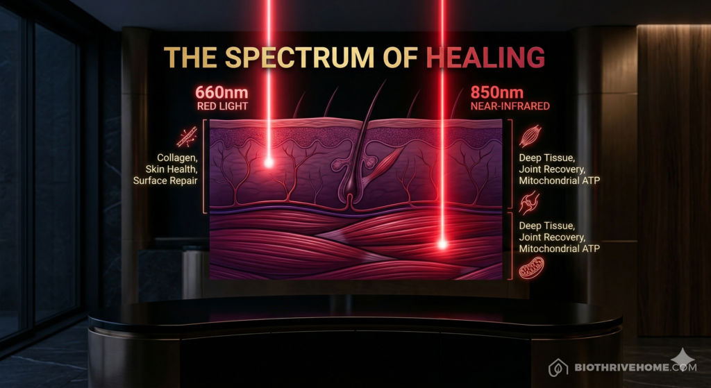 A borderless dark purple infographic titled 'THE SPECTRUM OF HEALING'. A comparison diagram showing 'Red Light (660nm)' penetrating the skin layer for collagen, versus 'Near-Infrared (850nm)' penetrating deep into muscles and joints. Clean technical text with sleek glowing red gradients.
