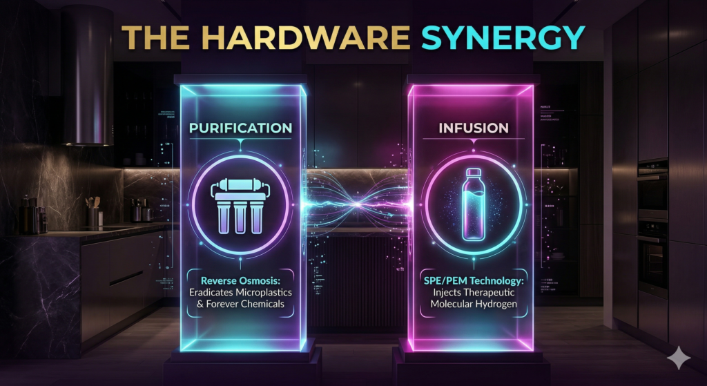 A borderless dark purple infographic titled 'THE HARDWARE SYNERGY'. A glowing diagram showing two interconnected pillars: '1. PURIFICATION (RO System)' with a sleek filter icon and text 'Strips 99.9% Toxins & PFAS'. '2. INFUSION (H2 Generator)' with an effervescent bottle icon and text 'Adds Therapeutic Antioxidants'. Clean technical text with sleek glowing cyan accents.