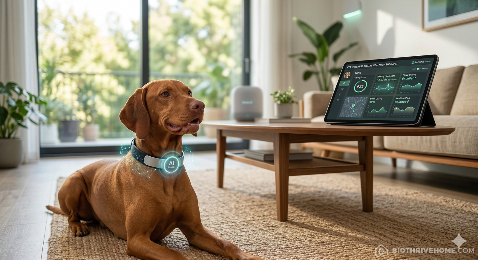 A modern living room showing a healthy Vizsla dog with a pulsing smart collar and an AI-driven digital health dashboard on a tablet.