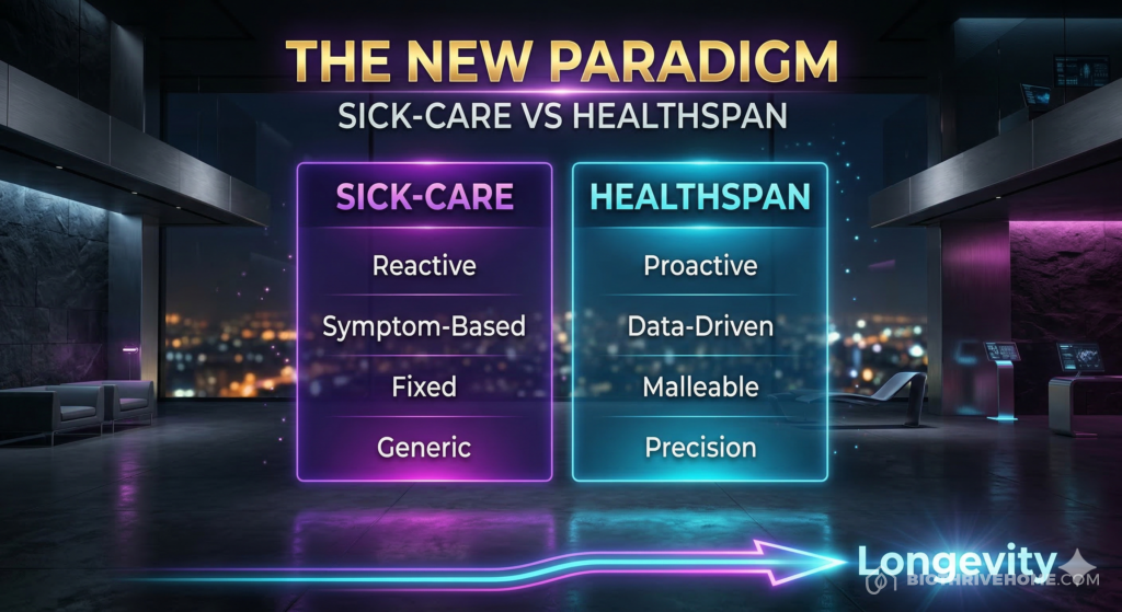 A borderless purple infographic titled 'THE NEW PARADIGM: SICK-CARE VS HEALTHSPAN'. A comparison table showing 'Sick-Care' (Reactive, Symptom-based, Generic) versus 'Healthspan' (Proactive, Data-driven, Personalized). Clean technical text with sleek glowing accents.