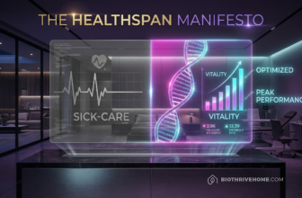 A cinematic featured image of a futuristic, dark luxury medical pod interior. A holographic split-screen: on the left, a dull grey 'REACTIVE' hospital monitor; on the right, a vibrant cyan and magenta 'PROACTIVE' healthspan dashboard showing rising vitality metrics. Moody purple lighting. Integrated title: THE HEALTHSPAN MANIFESTO.