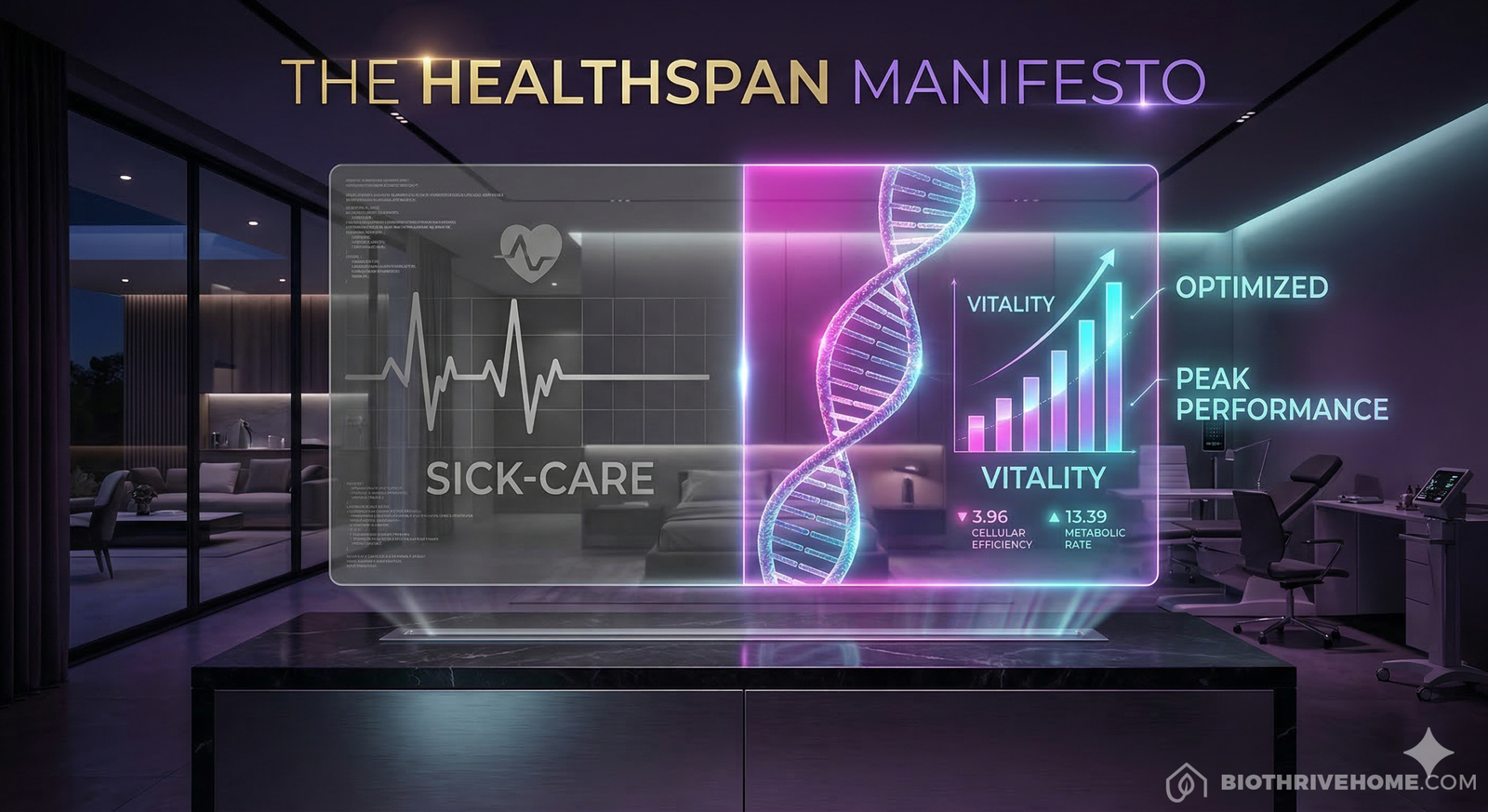 A cinematic featured image of a futuristic, dark luxury medical pod interior. A holographic split-screen: on the left, a dull grey 'REACTIVE' hospital monitor; on the right, a vibrant cyan and magenta 'PROACTIVE' healthspan dashboard showing rising vitality metrics. Moody purple lighting. Integrated title: THE HEALTHSPAN MANIFESTO.