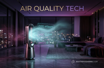A cinematic featured image of an ultra-luxurious, dark modern living space. In the center, a sleek, minimalist air purifier emits a soft cyan glowing aura, representing pure air pushing away magenta-tinted toxic particles in the background. Holographic data displays 'CO2: 410ppm' and 'VOC: 0'. Integrated title: AIR QUALITY TECH.