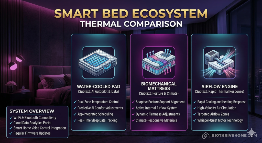A borderless purple infographic titled 'SMART BED ECOSYSTEM: THERMAL COMPARISON'. Three vertical columns comparing three conceptual systems: Water-Cooled Pad (Focus: AI Autopilot), Biomechanical Mattress (Focus: Posture & Air Climate), and Airflow Engine (Focus: Rapid Response). Clean technical text with checkmarks. No logos or shields.