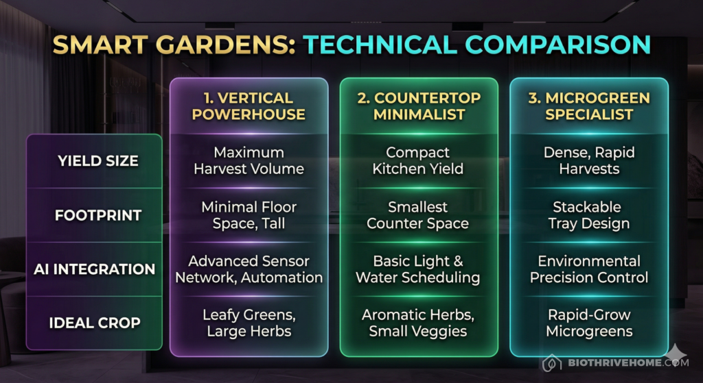 A borderless dark purple infographic titled 'SMART GARDENS: TECHNICAL COMPARISON'. A table comparing three columns: 'THE VERTICAL POWERHOUSE (Gardyn)', 'THE MINIMALIST (Click & Grow)', and 'THE MICROGREEN SPECIALIST (Ingarden)'. Categories include Yield, Footprint, and AI Integration. Clean technical text with sleek glowing green and cyan accents.