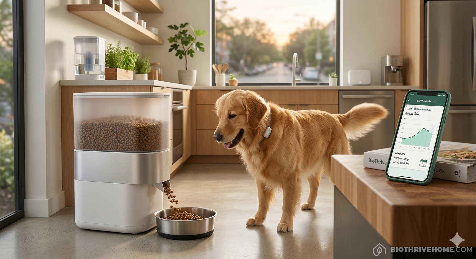 A sleek, minimalist smart pet feeder in a modern kitchen, dispensing a precise portion of dry food into a stainless steel bowl for a happy golden retriever, with a smartphone nearby displaying a feeding schedule app.