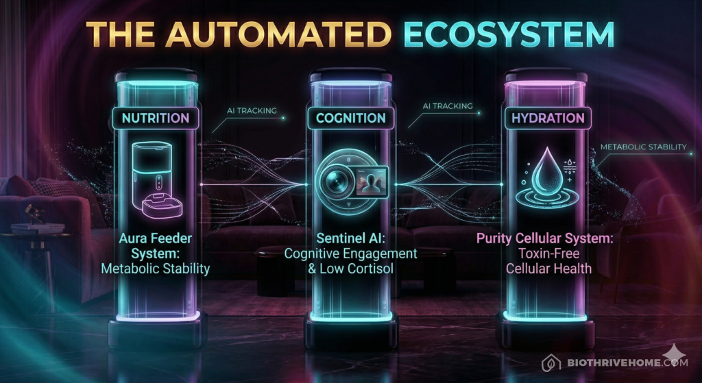 A borderless dark purple infographic titled 'THE AUTOMATED ECOSYSTEM'. A glowing diagram showing three pillars: 'NUTRITION (Feeder-Robot)' with a bowl icon, 'COGNITION (Furbo AI)' with a camera icon, and 'HYDRATION (PetKit Pro)' with a water drop icon. Clean technical text with sleek glowing cyan and magenta accents.