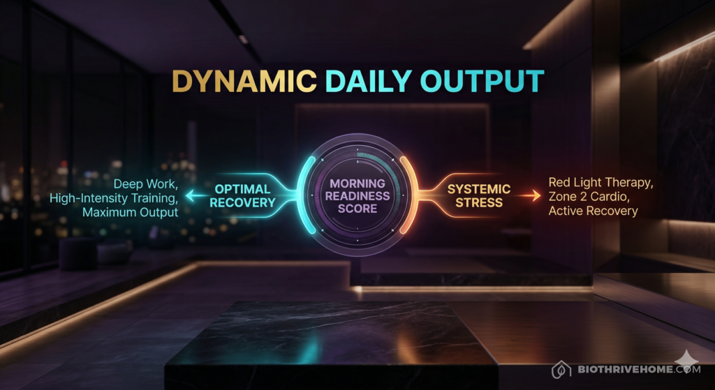 A borderless dark purple infographic titled 'DYNAMIC DAILY OUTPUT'. A flowchart branching from 'MORNING READINESS SCORE'. Left branch in glowing cyan: 'HIGH (Green Zone)', leading to 'Heavy Lifting, Deep Cognitive Work, Push Limits'. Right branch in glowing amber/red: 'LOW (Amber Zone)', leading to 'Zone 2 Cardio, Active Recovery, Red Light Therapy'. Clean technical text with sleek glowing accents.