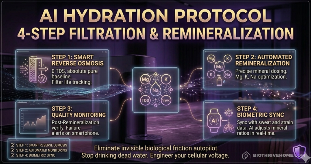 A high-resolution, photorealistic cinematic infographic set in a darkened, ultra-luxurious modern smart kitchen environment. Based on the aesthetic of image_50.png, it features a structured board with a metallic frame. The main title reads: 'AI HYDRATION PROTOCOL: 4-STEP FILTRATION & REMINERALIZATION'. Subtext below reads: 'Stop drinking dead water. Engineer your cellular voltage.' The infographic details a 4-step process through numbered modules connected by glowing data streams to a central optimized water drop icon. Step 1 Smart Reverse Osmosis (filter tracking), Step 2 Precision Remineralization (mineral dosing pump), Step 3 Quality Monitoring (TDS verify alerts), Step 4 AI Biometric Sync (sync with wearable data). All modules feature identical icons and text summary. A Checklist box identical to image_32.png is in the bottom-left corner, listing clean text steps. The shield logo identical to image_39.png and image_48.png (shield only, NO paw print) is in the bottom right corner. Minimalist furniture and dramatic intimate lighting. The text is clean and readable. 8k detailed composition.