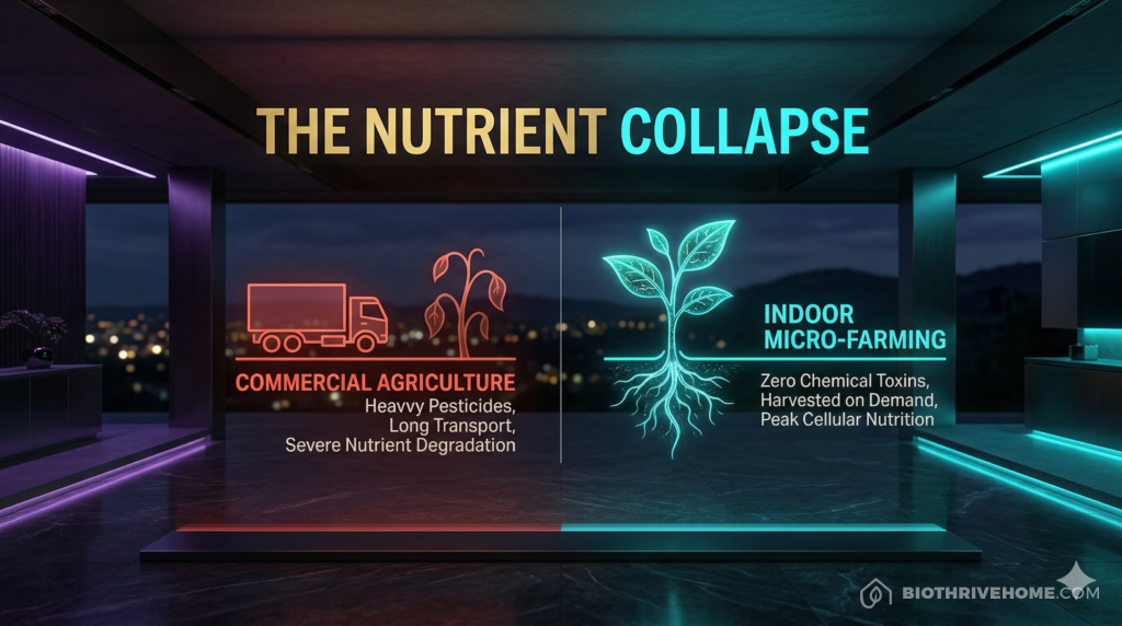 A borderless dark purple infographic titled 'THE NUTRIENT COLLAPSE'. A comparison chart. Left side in red: 'SUPERMARKET SUPPLY CHAIN' showing a wilting plant with text 'Pesticides, Days in Transit, 90% Nutrient Loss'. Right side in glowing cyan: 'BIO-OPTIMIZED MICRO-FARM' showing a vibrant seedling with text 'Zero Toxins, Harvested in Minutes, Peak Phytonutrients'.