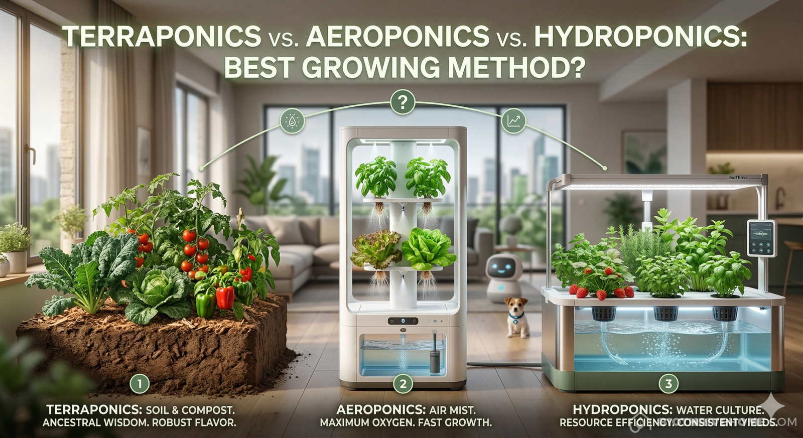 Visual comparison of Terraponics, Aeroponics, and Hydroponics growing methods in a modern BioThrive Home urban farming sanctuary.