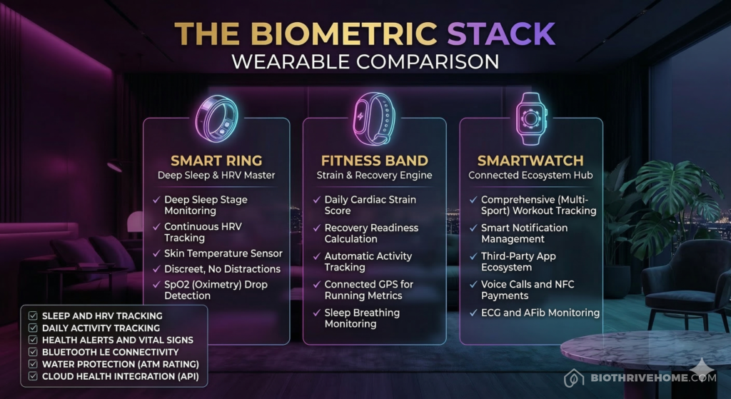 A borderless purple infographic titled 'THE BIOMETRIC STACK: WEARABLE COMPARISON'. Three vertical columns comparing three conceptual devices: Smart Ring (Focus: Deep Sleep & HRV), Fitness Band (Focus: Strain & Recovery), and Smartwatch (Focus: Connected Ecosystem). Clean technical text with checkmarks showing pros and cons. No logos or shields.
Title: Biometric Wearable Comparison Chart
