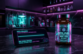 A dark luxury kitchen counter featuring a Continuous Glucose Monitor (CGM) app on a smartphone next to a sleek bottle of Berberine.