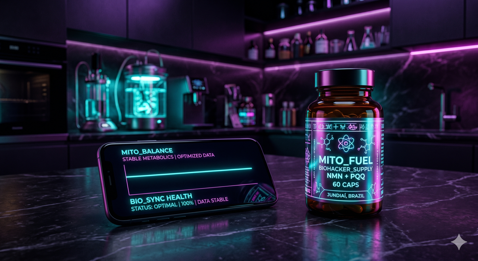 A dark luxury kitchen counter featuring a Continuous Glucose Monitor (CGM) app on a smartphone next to a sleek bottle of Berberine.