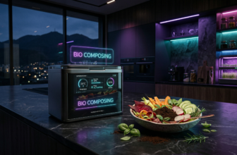 A sleek smart composter on a dark luxury kitchen counter with fresh organic inputs.
