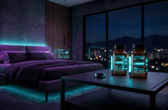 A high-tech smart bedroom setting with glowing biometric data and premium sleep supplements on the nightstand.