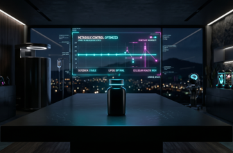 A high-tech visualization of metabolic optimization featuring a sleek supplement bottle and a glowing digital glucose graph.