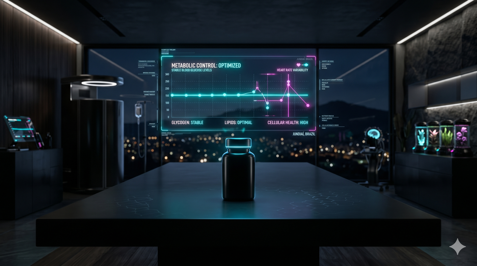 A high-tech visualization of metabolic optimization featuring a sleek supplement bottle and a glowing digital glucose graph.