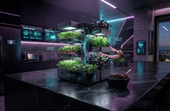 A sleek indoor micro-farm setup glowing with cyan and magenta light, nourished by bio-fertilizer.