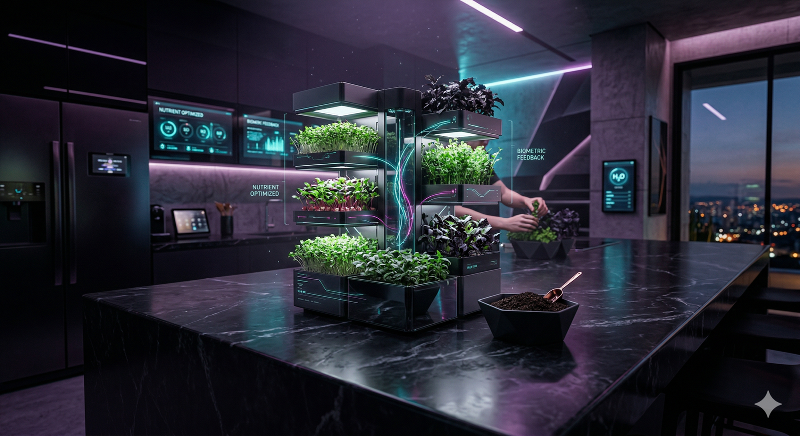 A sleek indoor micro-farm setup glowing with cyan and magenta light, nourished by bio-fertilizer.