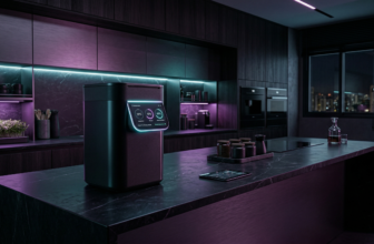 A sleek, high-tech smart composter glowing on a dark luxury kitchen counter.