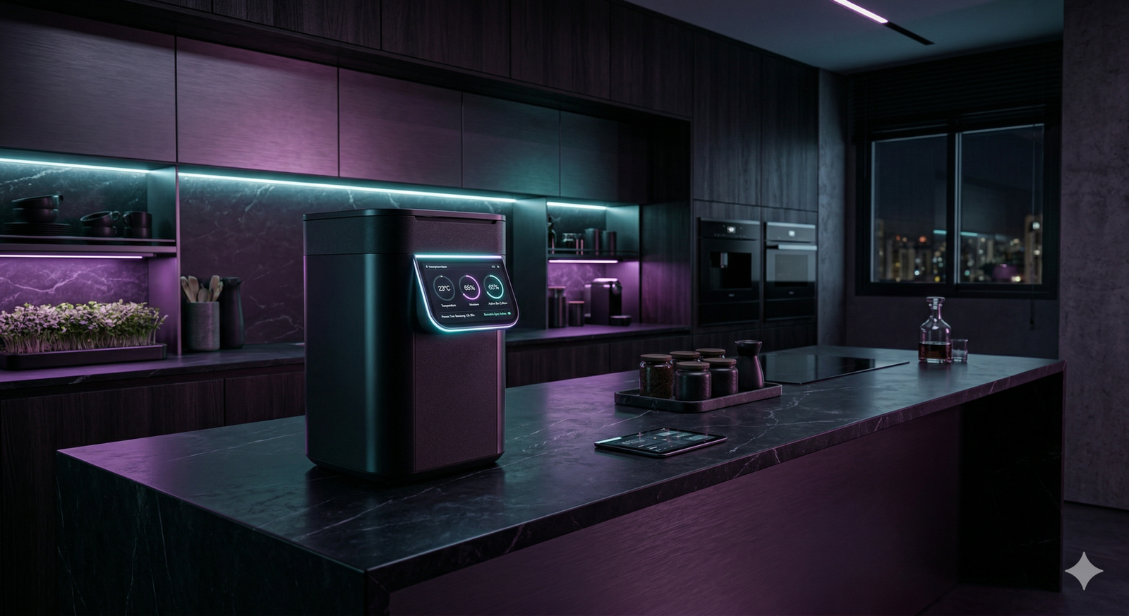 A sleek, high-tech smart composter glowing on a dark luxury kitchen counter.