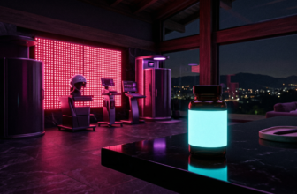 A cinematic shot of a person using a red light therapy panel while holding a high-end supplement bottle.