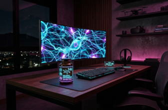 A high-tech workstation with a glowing neural visualization and a bottle of Magnesium Threonate.