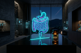 A dark luxury visualization of the human gut microbiome connected to glowing biometric data, beside a premium probiotic supplement.