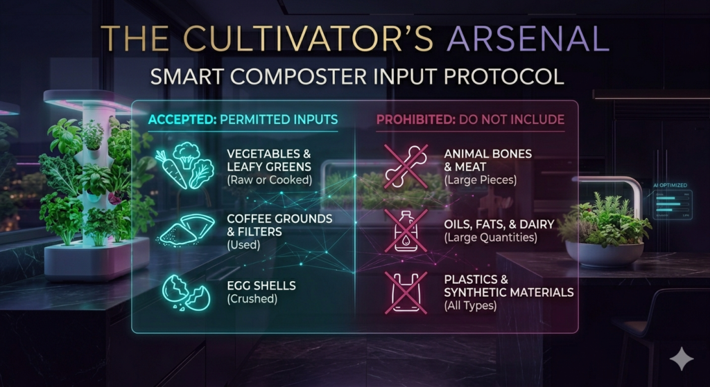Infographic showing the precision inputs and system disruptors for a smart composter.