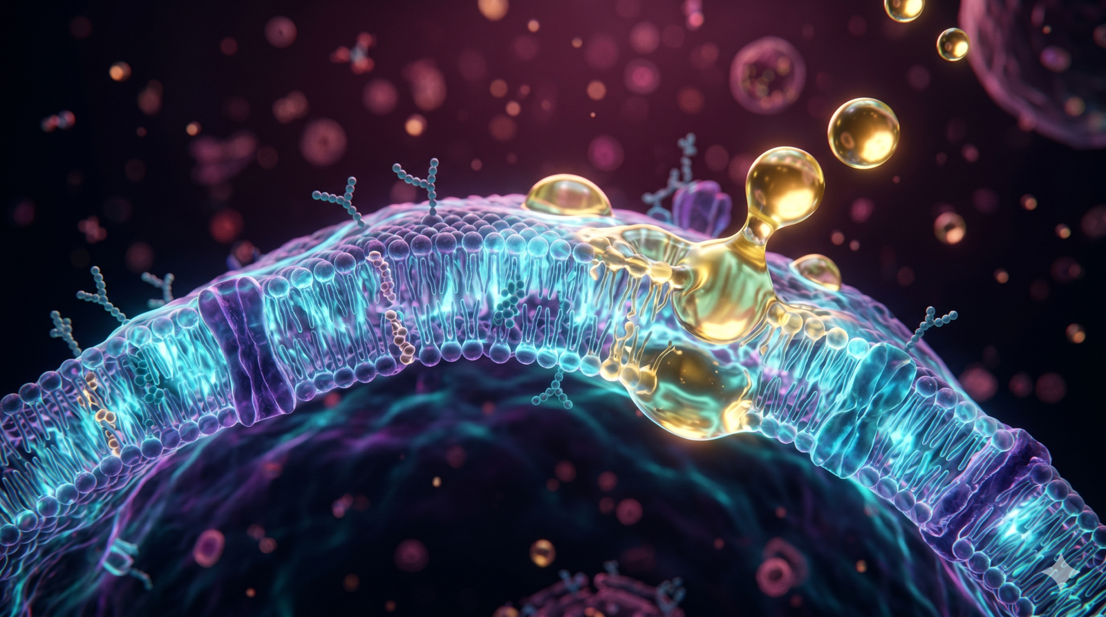 A high-tech laboratory-style visualization of a cell membrane integrating Omega-3 molecules.