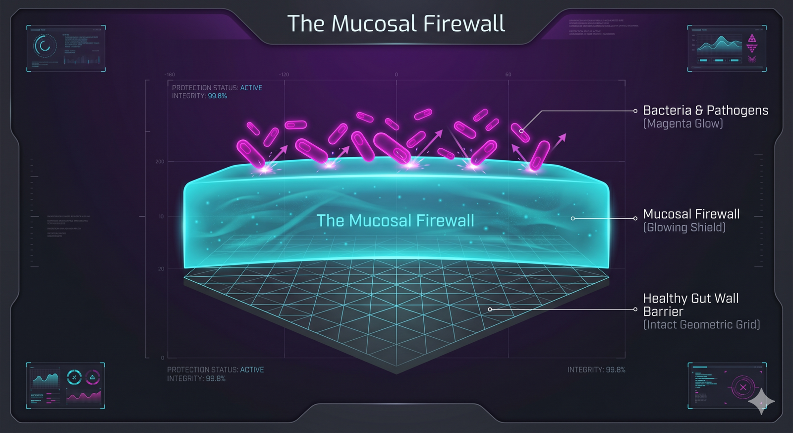 Infographic detailing the symbiotic relationship between Akkermansia muciniphila and the gut's mucosal firewall.