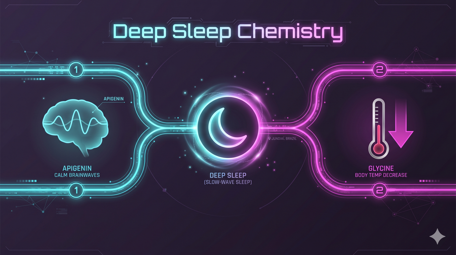 Infographic explaining how Apigenin and Glycine affect brainwaves and core body temperature for sleep.