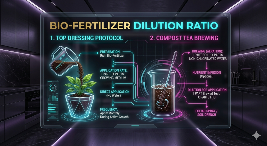 Infographic showing the bio-fertilizer dilution ratios and application methods for indoor plants.