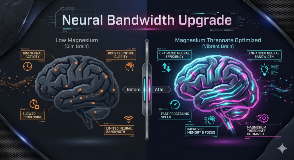 Infographic comparing standard magnesium vs Magnesium Threonate absorption in the brain.