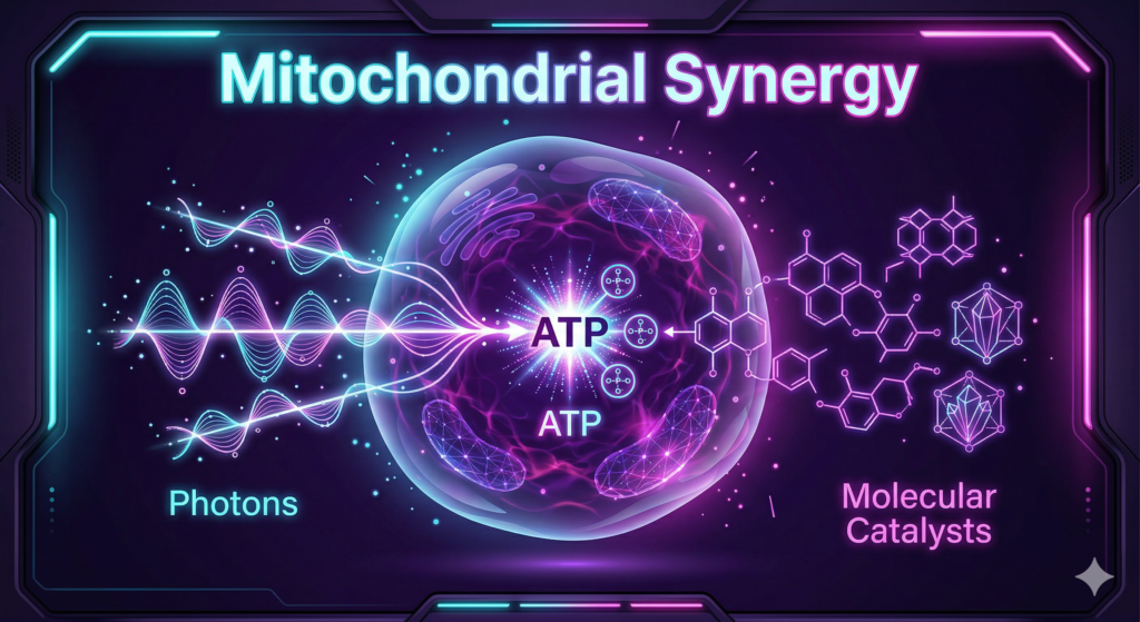 Infographic showing how Red Light and CoQ10 work together inside the mitochondria.