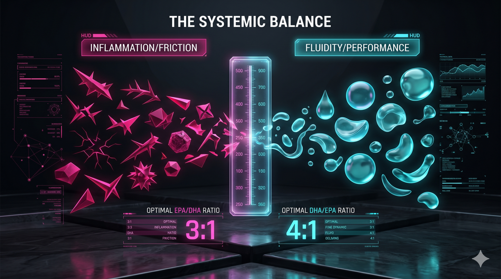 Infographic showing the ratio of Omega-6 vs Omega-3 and its impact on inflammation.
