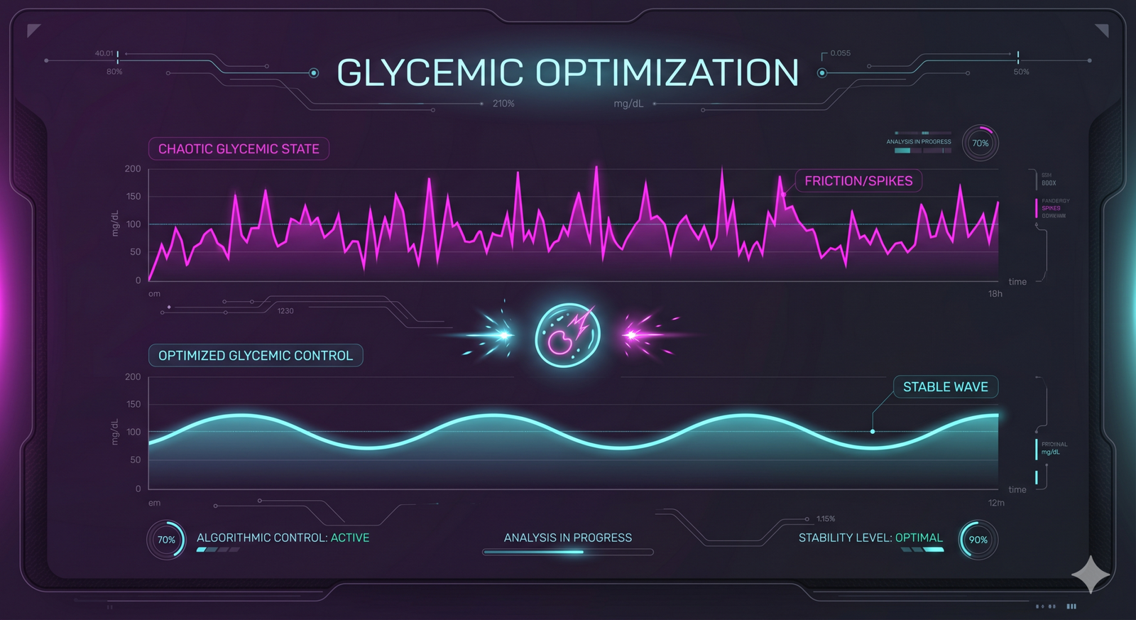 Infographic comparing a spiky glucose curve without Berberine versus a stable, frictionless curve with Berberine optimization.
