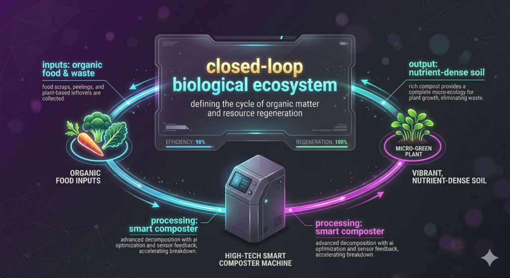 Step-by-step infographic showing the biological loop from organic waste to nutrient-rich soil.